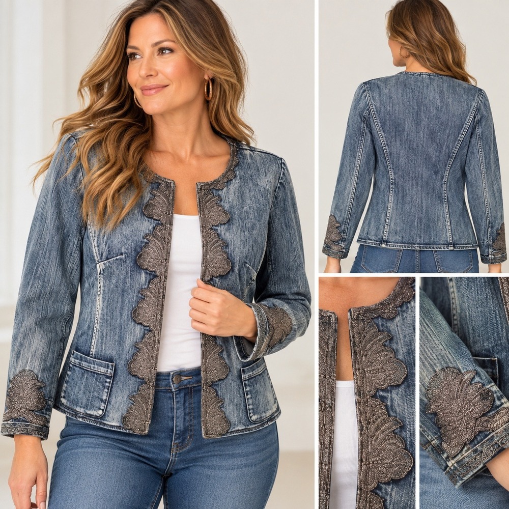 Coldwater Creek Denim Jacket Blue Acid Wash Embroidered Trim Shaped Size 12 Boho